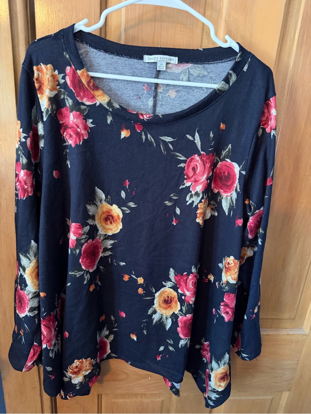 Green Envelope Black Floral Long Sleeve Tee - Rose & Sunflower Print